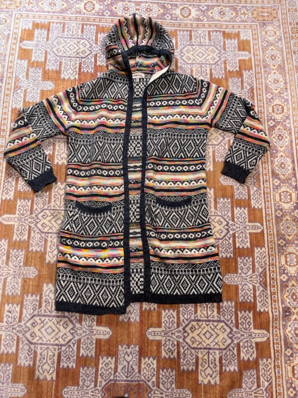 Boho Aztec Cardigan Sweater • Geometric Print • Longline Open Front • Multicolor - Picture 5 of 6